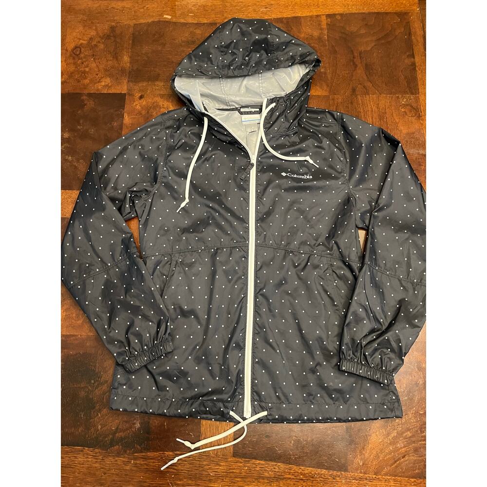 Columbia Black Polka Dot Hooded Rain Jacket Windbreaker Packable Size XS Women’s